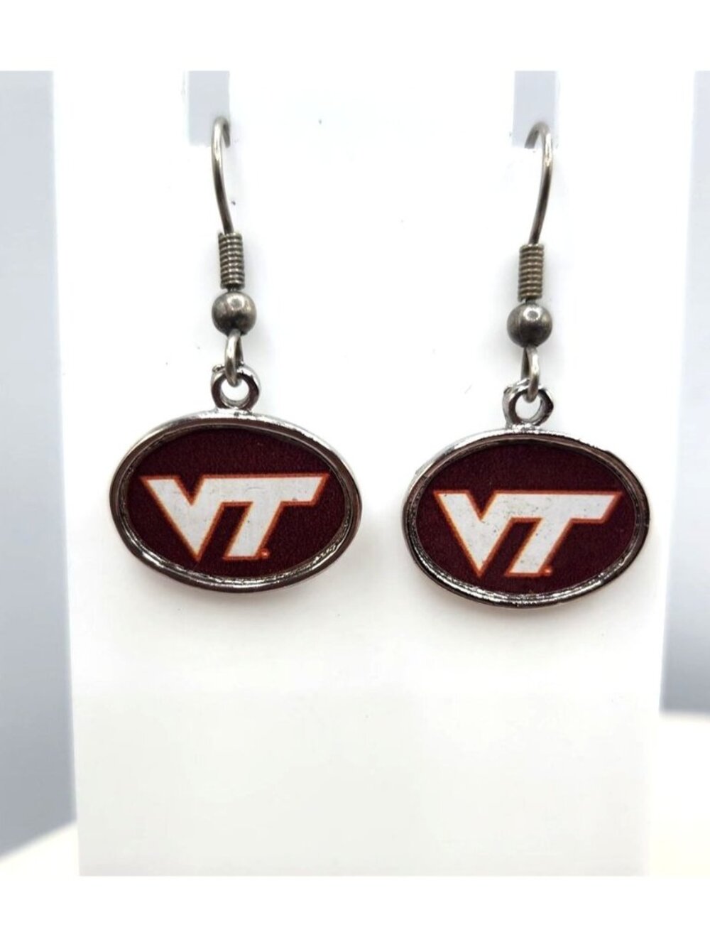Virginia Tech Logo Dangle Earrings Oval Burgundy & White Metal Hook Design